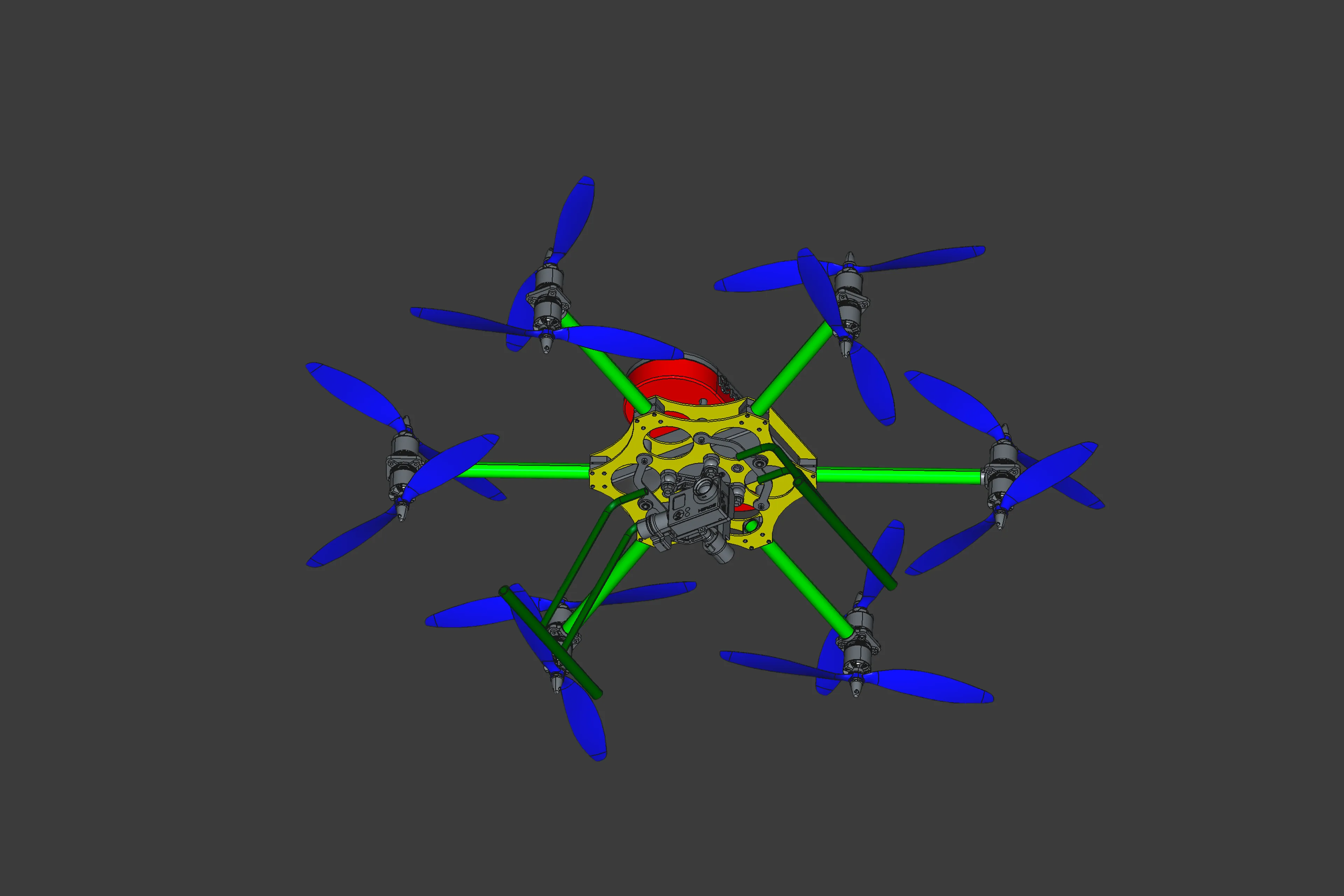 CAD: Drone multirotore visto dall’alto, stesso inquadramento nel CAD e nel render.