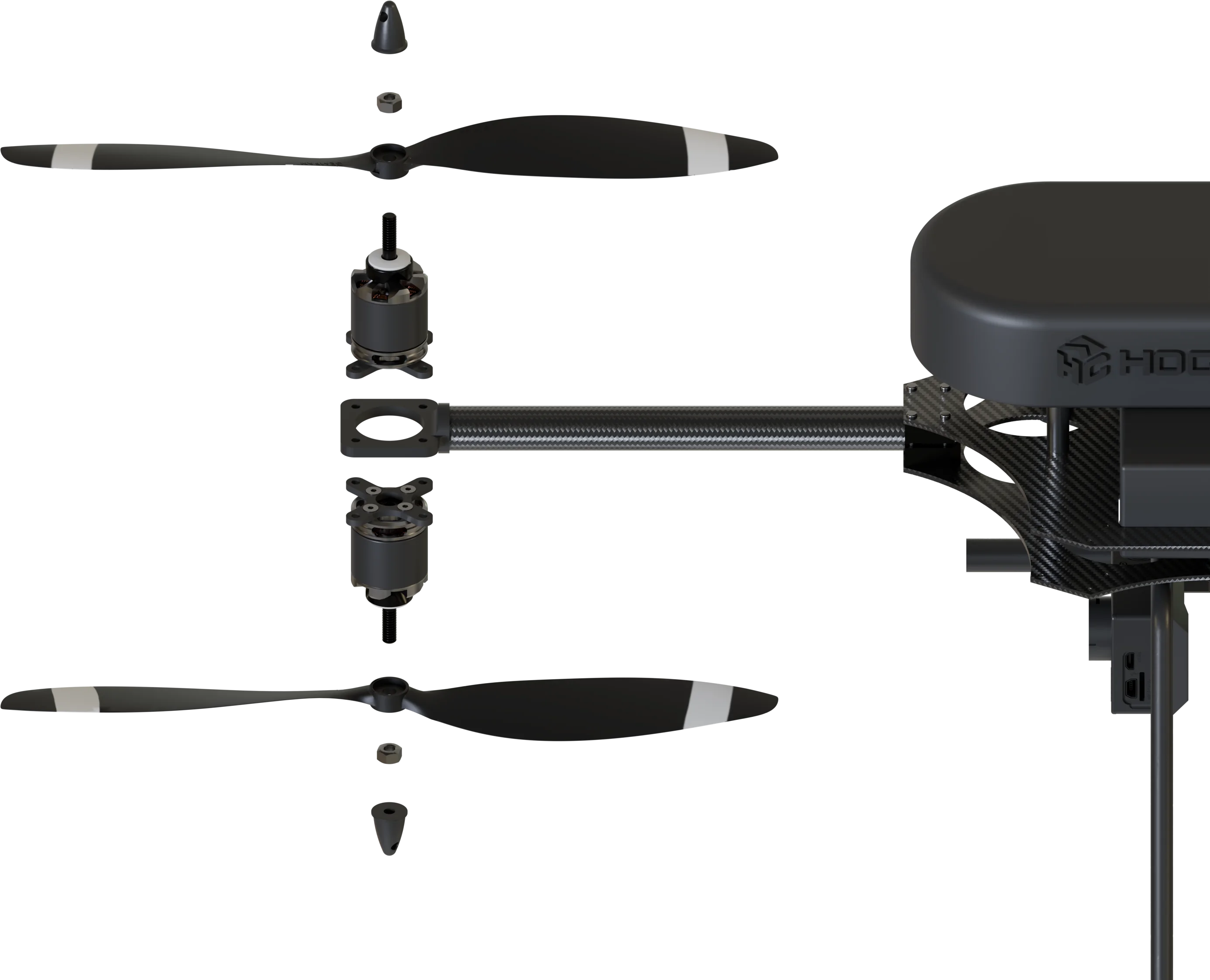 Braccio di un drone esploso: ogive, dadi, eliche, motori e braccio in carbonio.