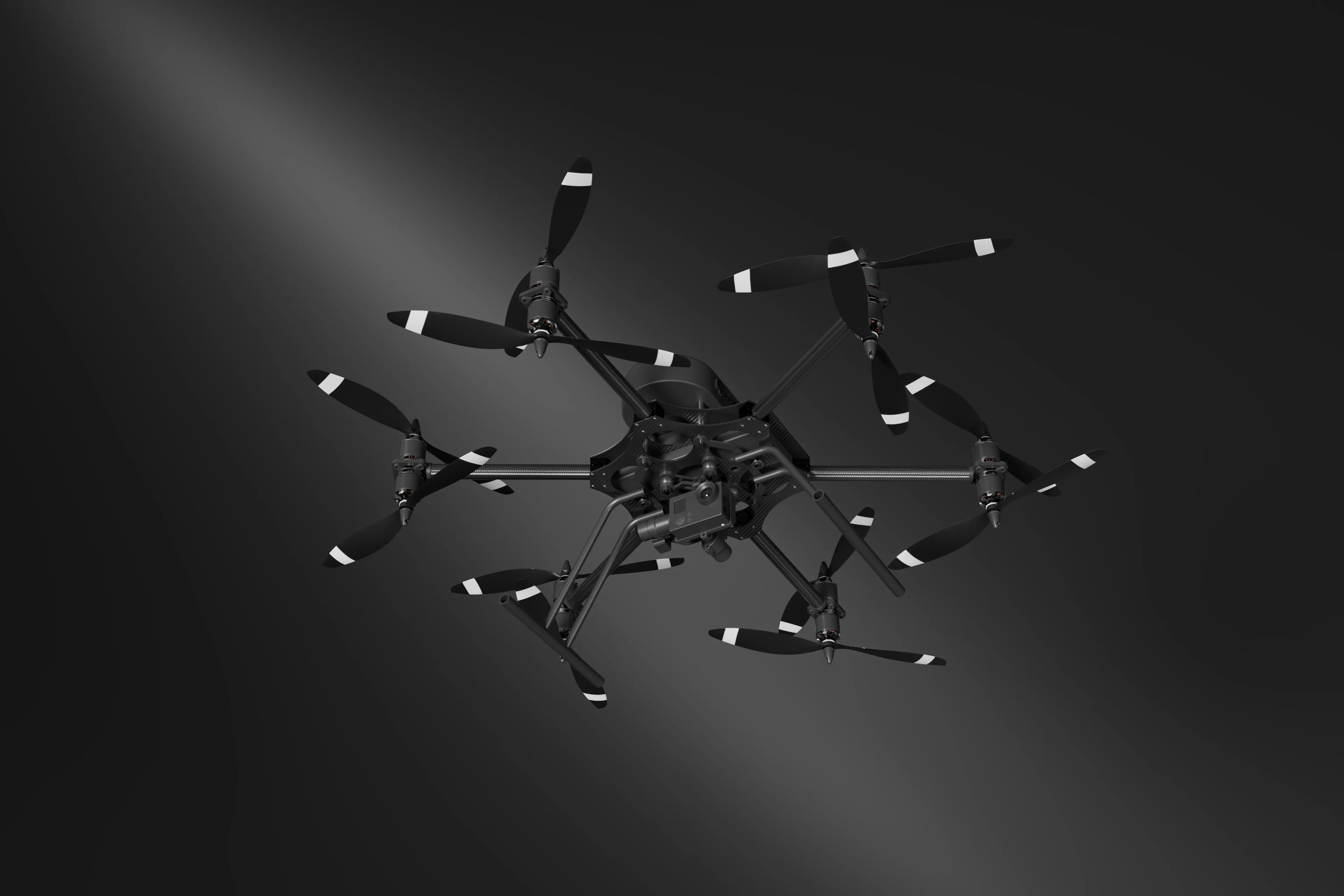 Render: Drone multirotore visto dall’alto, stesso inquadramento nel CAD e nel render.