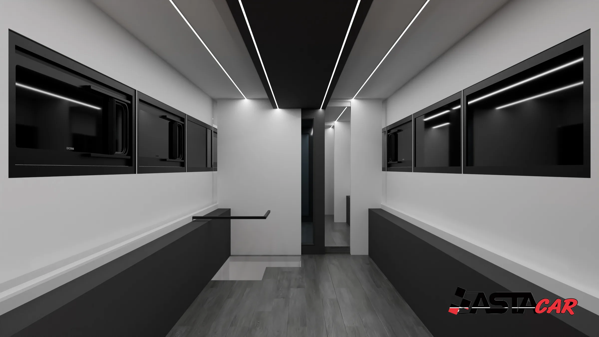 Corridoio interno del motorhome con luci lineari a soffitto