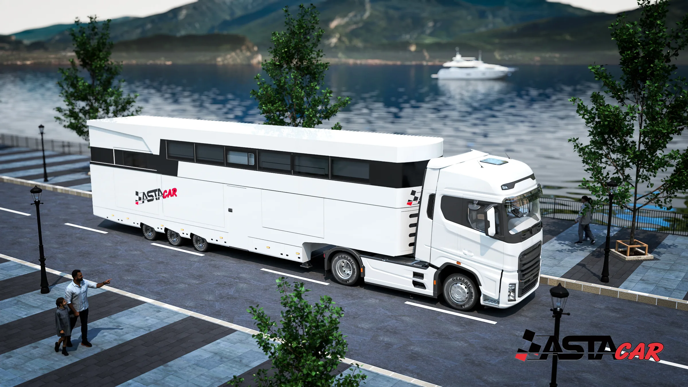Motorhome AstaCar a due piani con motrice, ambientato sul lago di Como
