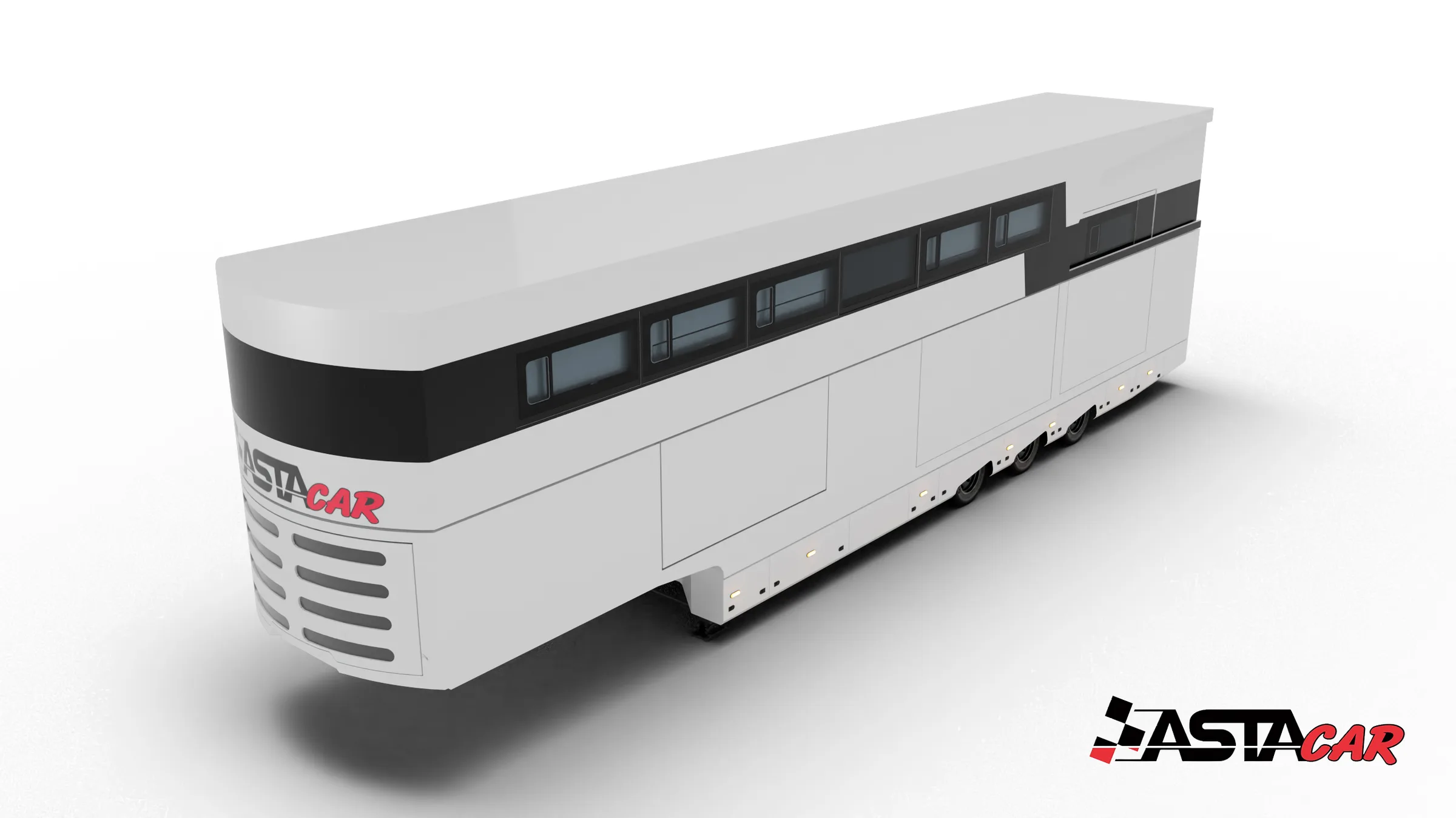 Motorhome a due piani con moduli laterali aperti, render su fondo bianco