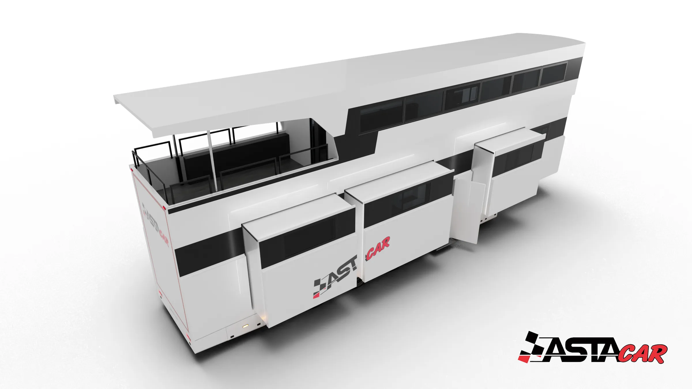 Motorhome a due piani con terrazza superiore aperta