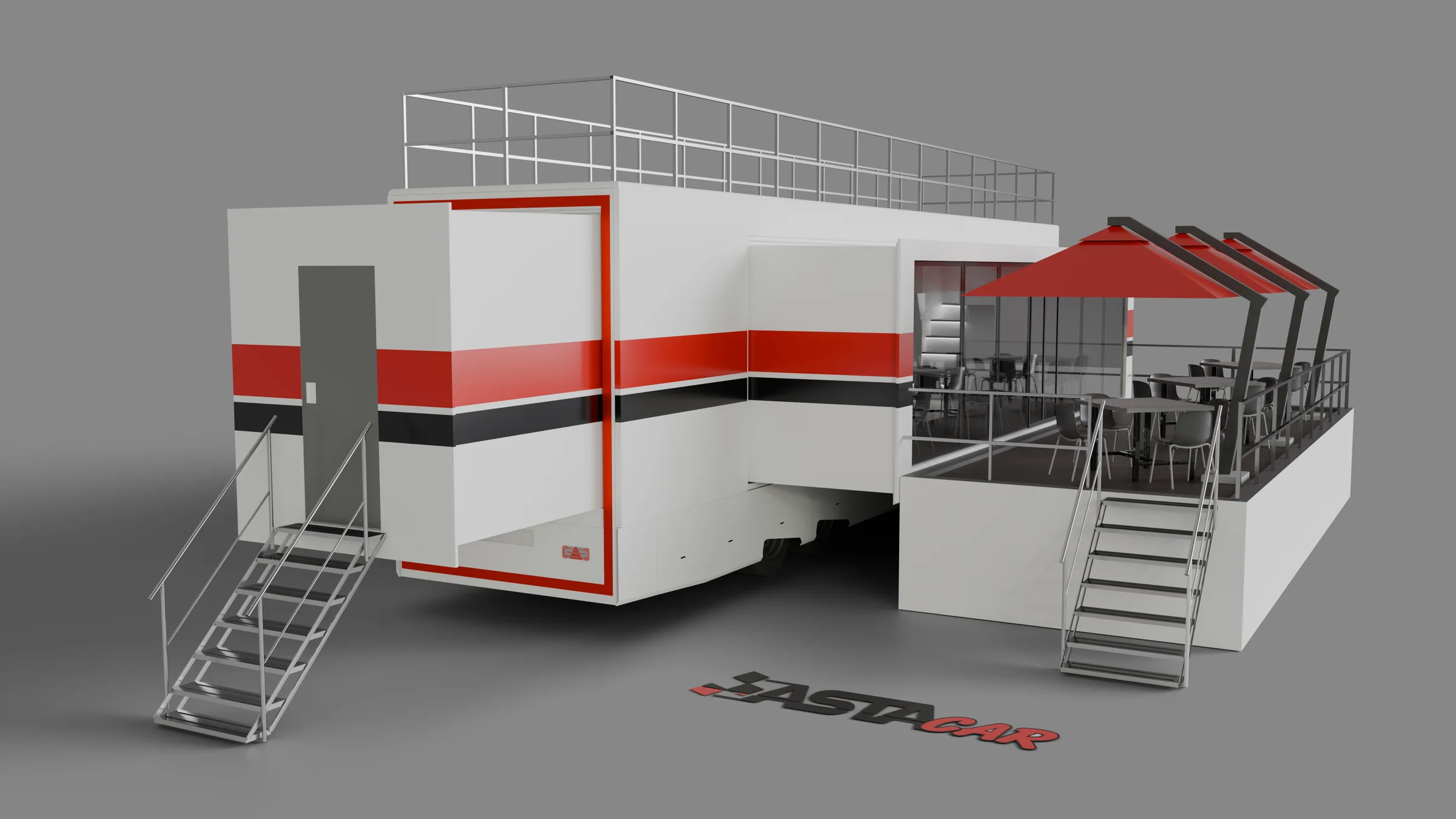 Hospitality AstaCar aperta con scale, terrazza e ombrelloni rossi
