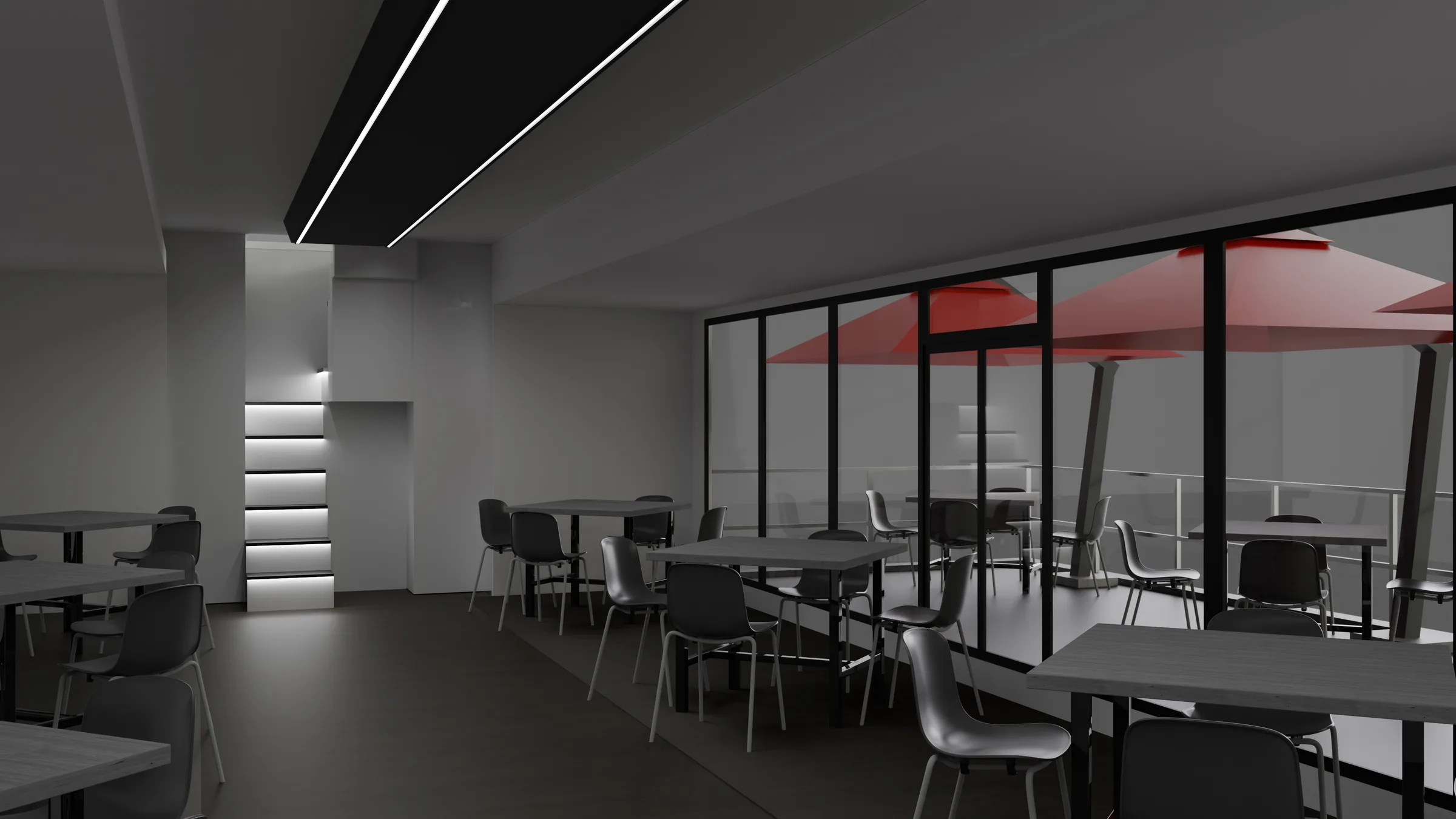 Sala interna dell'hospitality con tavoli e vetrate sulla terrazza
