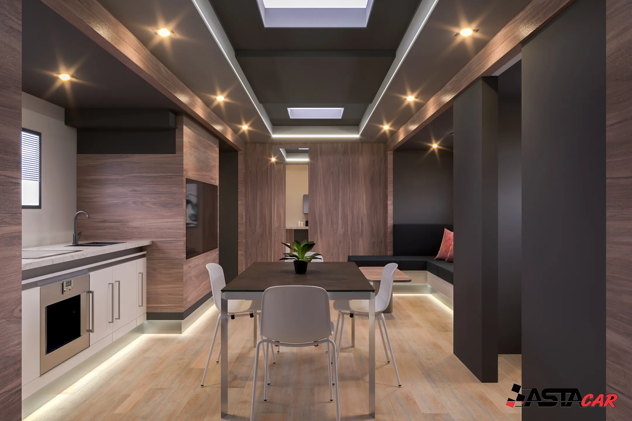Cucina e zona pranzo con tavolo per quattro
